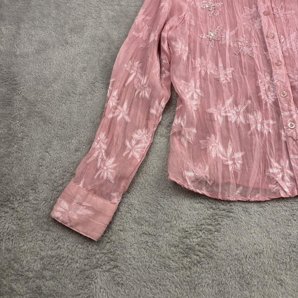 VTG 90s Y2K Sheer Floral Embroidered Beaded Button Up Top Womens S Pink Fairy - Picture 4 of 16
